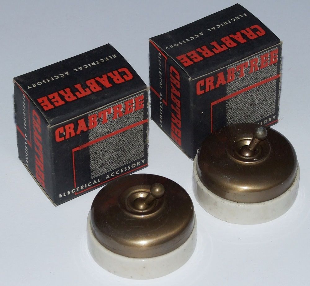 Pair Vintage Crabtree Ceramic & Brass Light Switch with Boxes WW2 Period