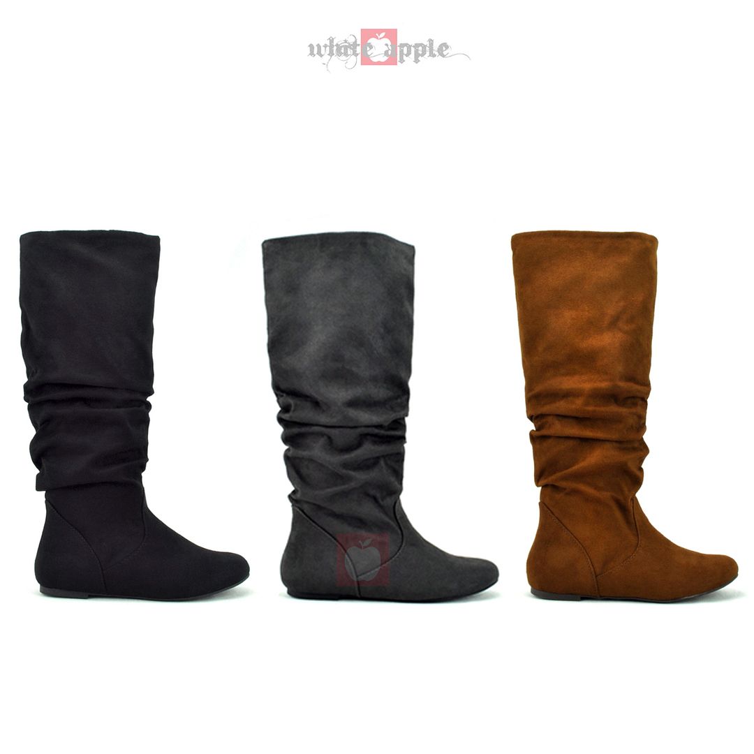 New Women Slouchy Knee High Flat Round Toe Boots Pull On Comfort Soda ...