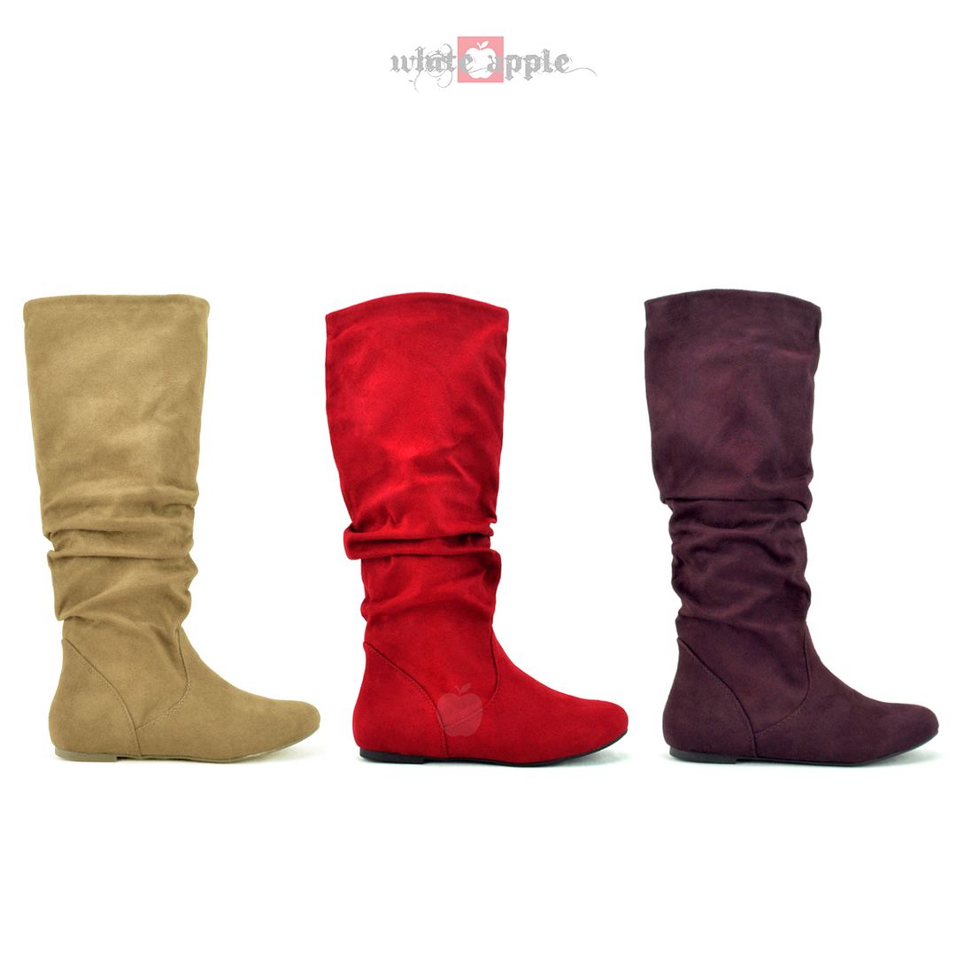 New Women Slouchy Knee High Flat Round Toe Boots Pull On Comfort Soda ...