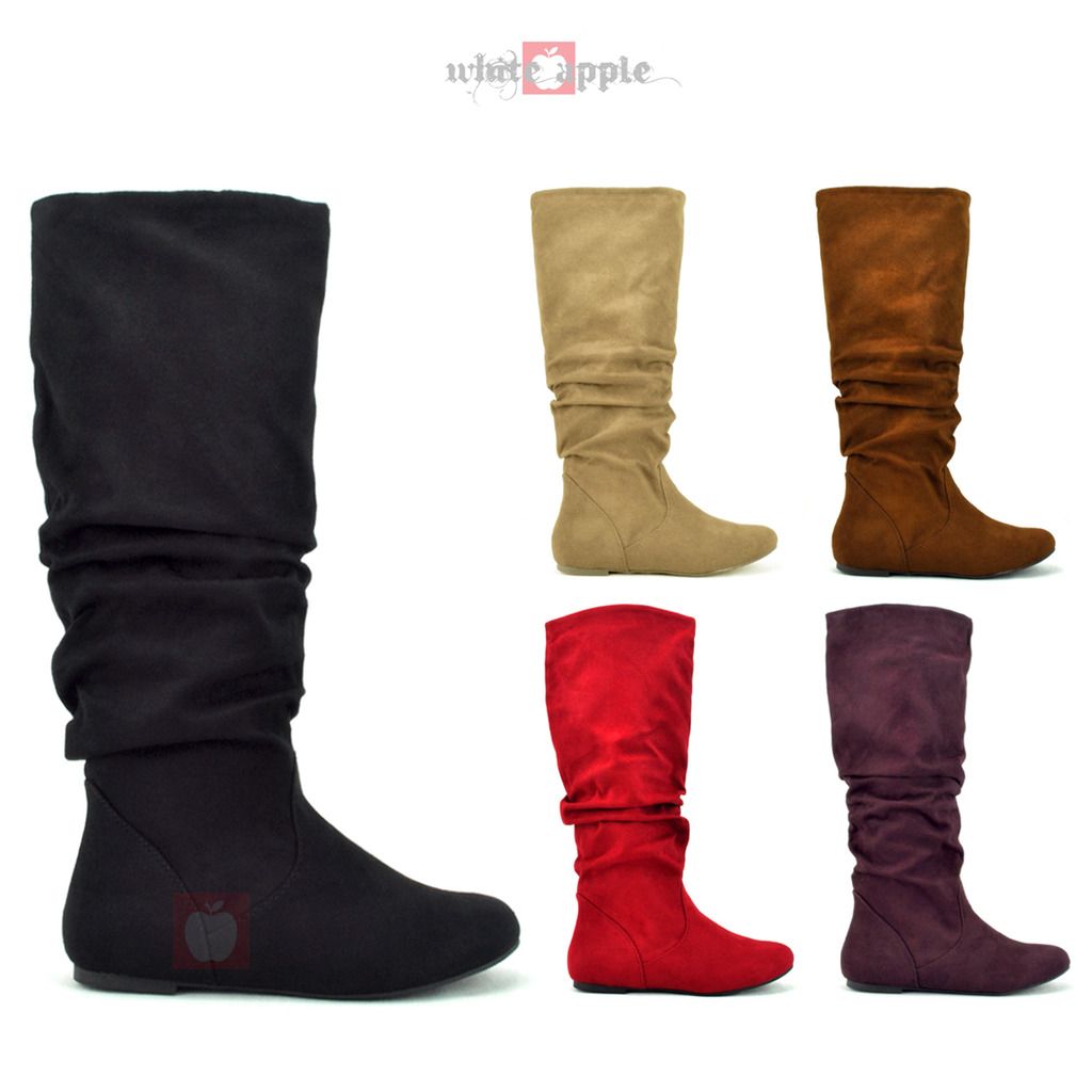 New Women Slouchy Knee High Flat Round Toe Boots Pull On Comfort Soda ...